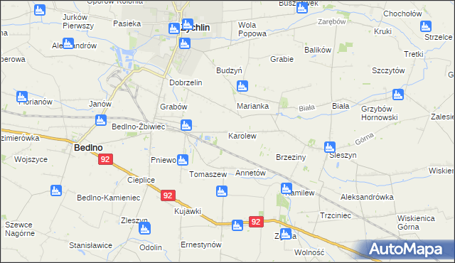mapa Karolew gmina Bedlno, Karolew gmina Bedlno na mapie Targeo