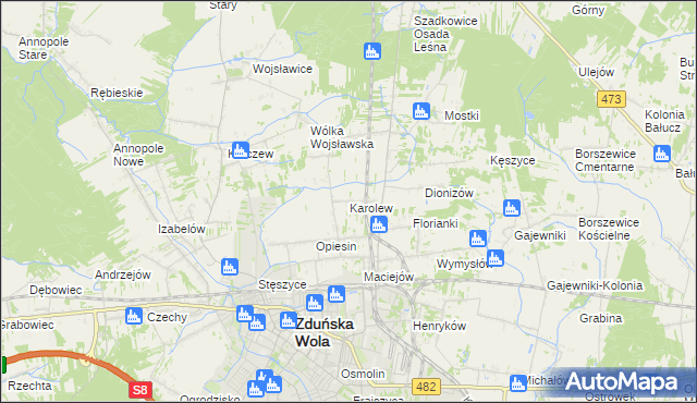 mapa Karolew gmina Zduńska Wola, Karolew gmina Zduńska Wola na mapie Targeo