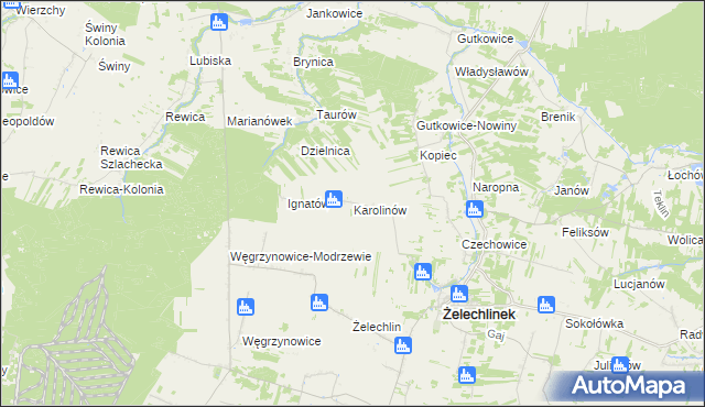mapa Karolinów gmina Żelechlinek, Karolinów gmina Żelechlinek na mapie Targeo