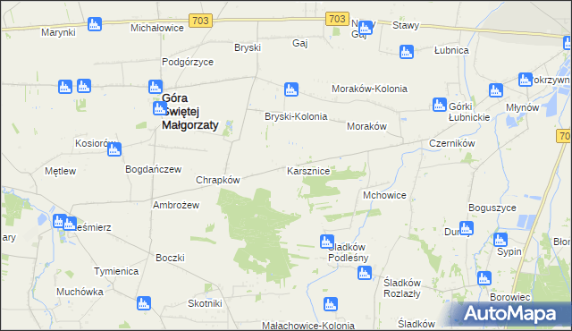 mapa Karsznice gmina Góra Świętej Małgorzaty, Karsznice gmina Góra Świętej Małgorzaty na mapie Targeo
