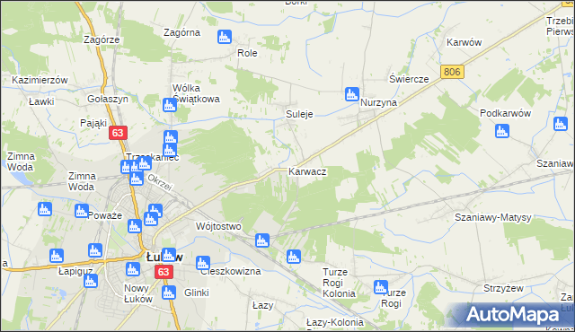 mapa Karwacz gmina Łuków, Karwacz gmina Łuków na mapie Targeo