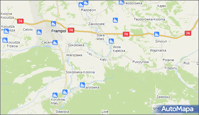 mapa Kąty gmina Frampol, Kąty gmina Frampol na mapie Targeo