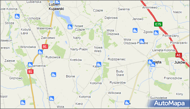 mapa Kąty gmina Lubień Kujawski, Kąty gmina Lubień Kujawski na mapie Targeo