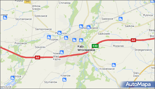 mapa Kąty Wrocławskie, Kąty Wrocławskie na mapie Targeo