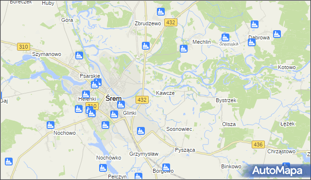 mapa Kawcze gmina Śrem, Kawcze gmina Śrem na mapie Targeo