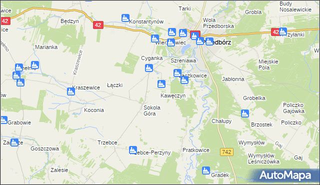 mapa Kawęczyn gmina Masłowice, Kawęczyn gmina Masłowice na mapie Targeo