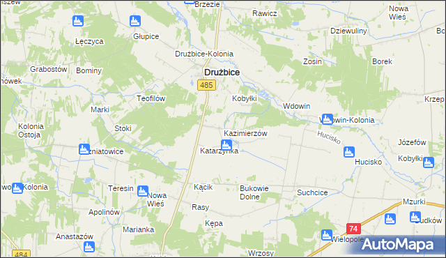 mapa Kazimierzów gmina Drużbice, Kazimierzów gmina Drużbice na mapie Targeo