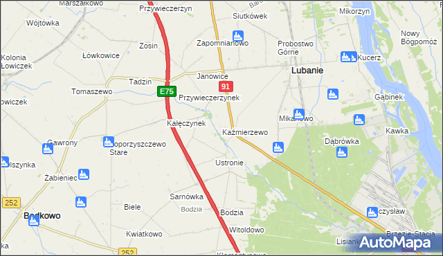 mapa Kaźmierzewo gmina Lubanie, Kaźmierzewo gmina Lubanie na mapie Targeo