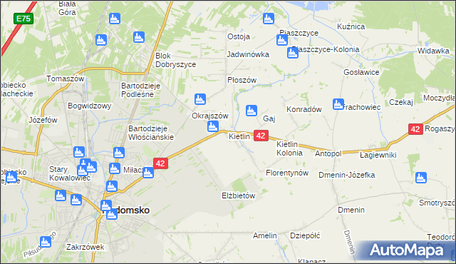 mapa Kietlin gmina Radomsko, Kietlin gmina Radomsko na mapie Targeo