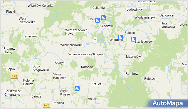 mapa Kiki gmina Wodzierady, Kiki gmina Wodzierady na mapie Targeo