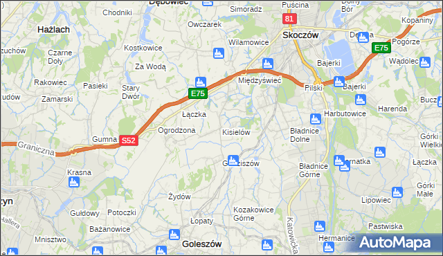 mapa Kisielów gmina Goleszów, Kisielów gmina Goleszów na mapie Targeo