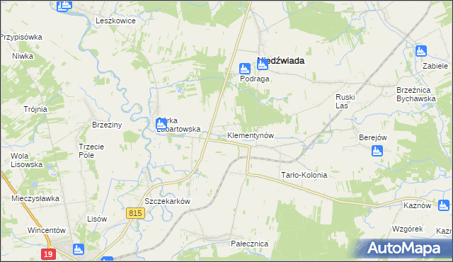 mapa Klementynów gmina Niedźwiada, Klementynów gmina Niedźwiada na mapie Targeo