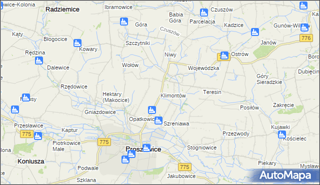 mapa Klimontów gmina Proszowice, Klimontów gmina Proszowice na mapie Targeo