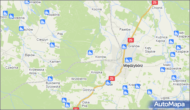 mapa Klonów gmina Międzybórz, Klonów gmina Międzybórz na mapie Targeo