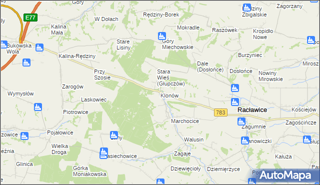 mapa Klonów gmina Racławice, Klonów gmina Racławice na mapie Targeo