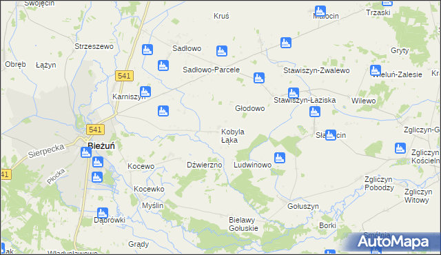 mapa Kobyla Łąka gmina Bieżuń, Kobyla Łąka gmina Bieżuń na mapie Targeo
