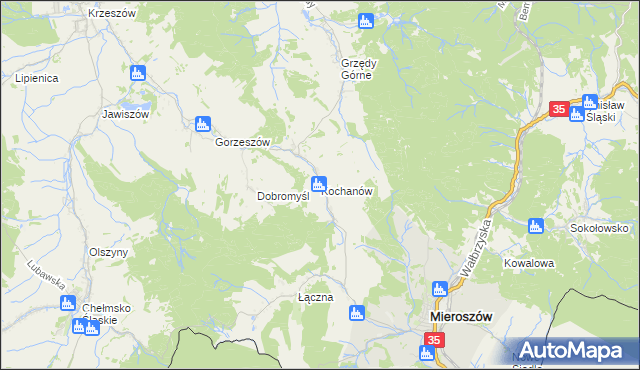 mapa Kochanów gmina Kamienna Góra, Kochanów gmina Kamienna Góra na mapie Targeo