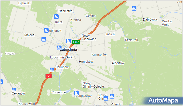 mapa Kochanów gmina Lubochnia, Kochanów gmina Lubochnia na mapie Targeo