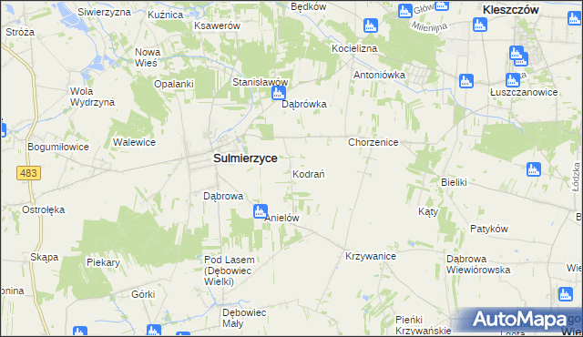mapa Kodrań gmina Sulmierzyce, Kodrań gmina Sulmierzyce na mapie Targeo