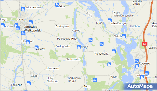 mapa Kołdrąb gmina Janowiec Wielkopolski, Kołdrąb gmina Janowiec Wielkopolski na mapie Targeo