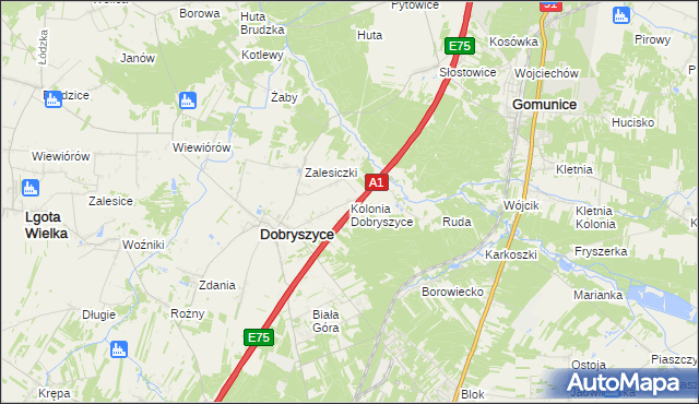 mapa Kolonia Dobryszyce, Kolonia Dobryszyce na mapie Targeo