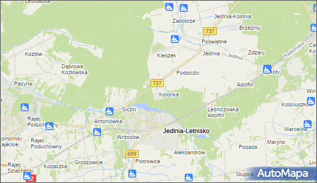 mapa Kolonka gmina Pionki, Kolonka gmina Pionki na mapie Targeo