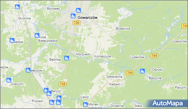 mapa Komaszyce gmina Gowarczów, Komaszyce gmina Gowarczów na mapie Targeo