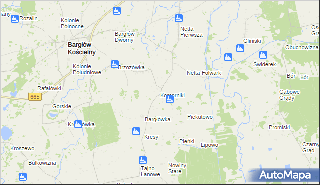 mapa Komorniki gmina Bargłów Kościelny, Komorniki gmina Bargłów Kościelny na mapie Targeo