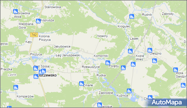 mapa Komorniki gmina Kluczewsko, Komorniki gmina Kluczewsko na mapie Targeo