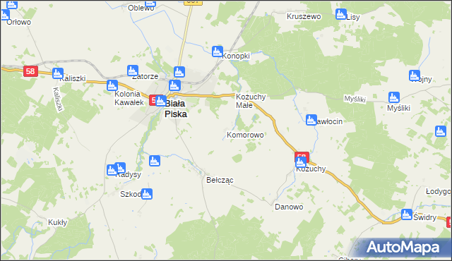 mapa Komorowo gmina Biała Piska, Komorowo gmina Biała Piska na mapie Targeo