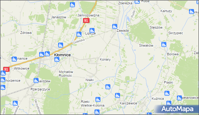 mapa Konary gmina Kłomnice, Konary gmina Kłomnice na mapie Targeo