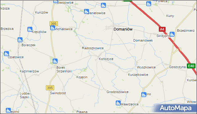 mapa Kończyce gmina Domaniów, Kończyce gmina Domaniów na mapie Targeo