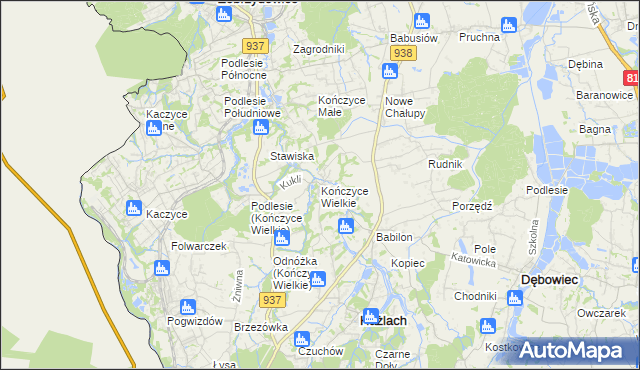 mapa Kończyce Wielkie, Kończyce Wielkie na mapie Targeo