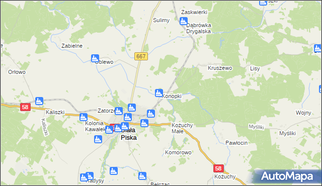 mapa Konopki gmina Biała Piska, Konopki gmina Biała Piska na mapie Targeo