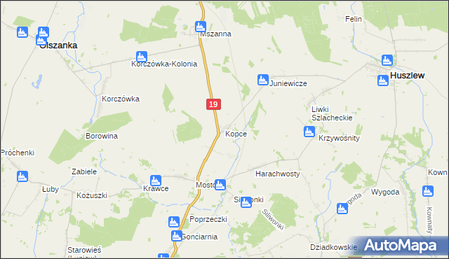 mapa Kopce gmina Huszlew, Kopce gmina Huszlew na mapie Targeo