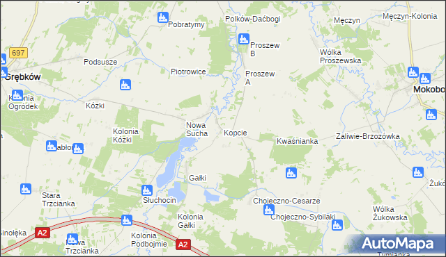 mapa Kopcie gmina Grębków, Kopcie gmina Grębków na mapie Targeo