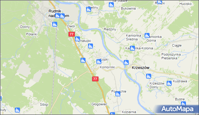 mapa Kopki gmina Rudnik nad Sanem, Kopki gmina Rudnik nad Sanem na mapie Targeo