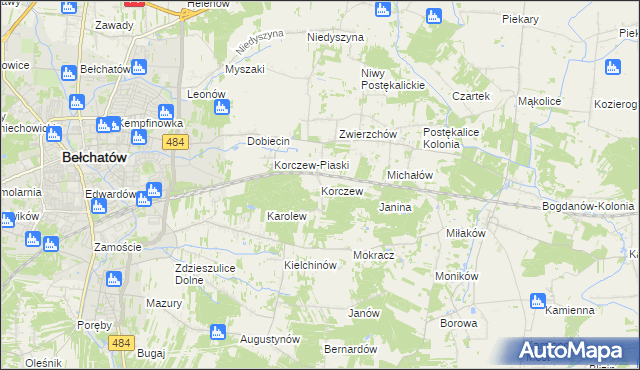 mapa Korczew gmina Bełchatów, Korczew gmina Bełchatów na mapie Targeo