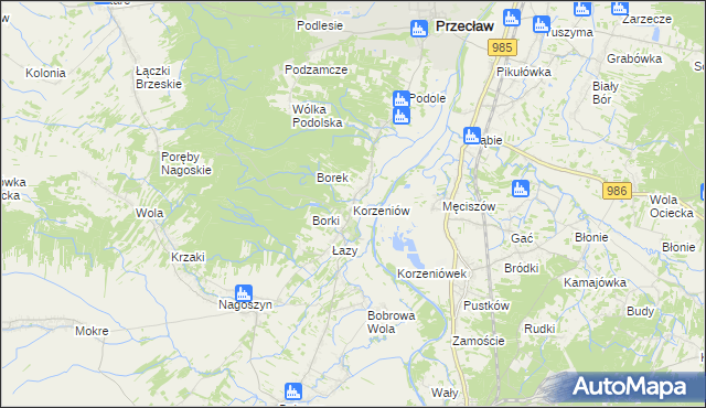 mapa Korzeniów gmina Żyraków, Korzeniów gmina Żyraków na mapie Targeo