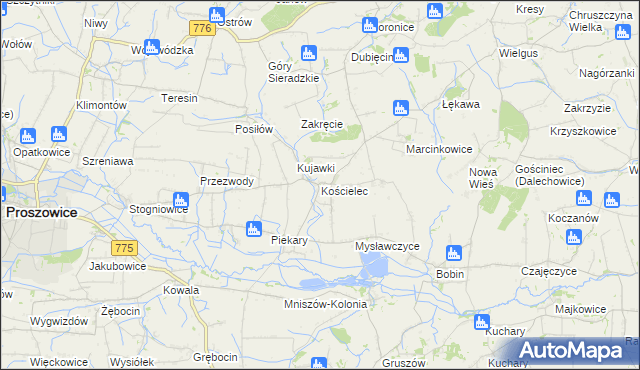 mapa Kościelec gmina Proszowice, Kościelec gmina Proszowice na mapie Targeo