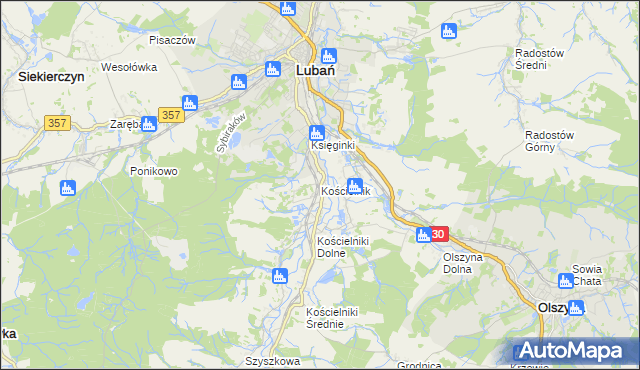 mapa Kościelnik gmina Lubań, Kościelnik gmina Lubań na mapie Targeo