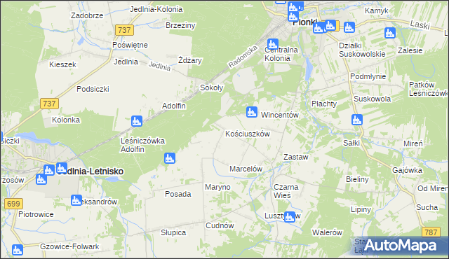 mapa Kościuszków gmina Pionki, Kościuszków gmina Pionki na mapie Targeo