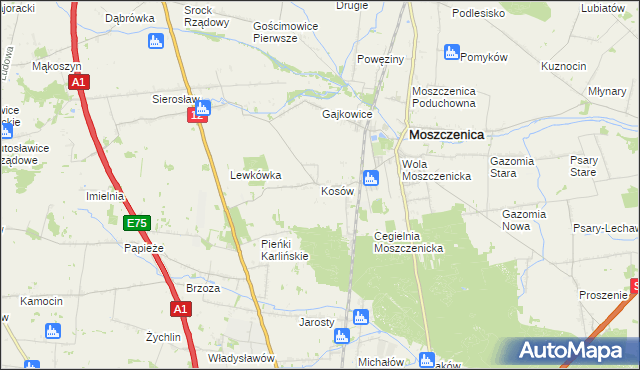 mapa Kosów gmina Moszczenica, Kosów gmina Moszczenica na mapie Targeo