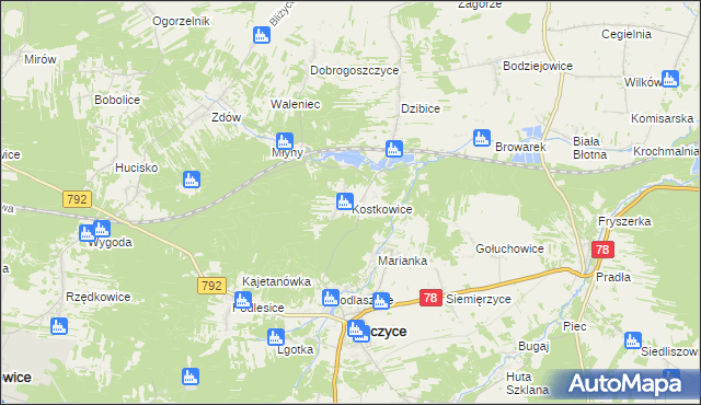 mapa Kostkowice gmina Kroczyce, Kostkowice gmina Kroczyce na mapie Targeo