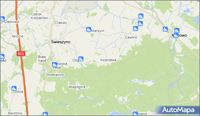 mapa Kostrzewa gmina Manowo, Kostrzewa gmina Manowo na mapie Targeo