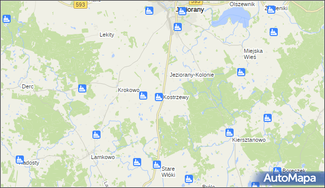 mapa Kostrzewy gmina Jeziorany, Kostrzewy gmina Jeziorany na mapie Targeo