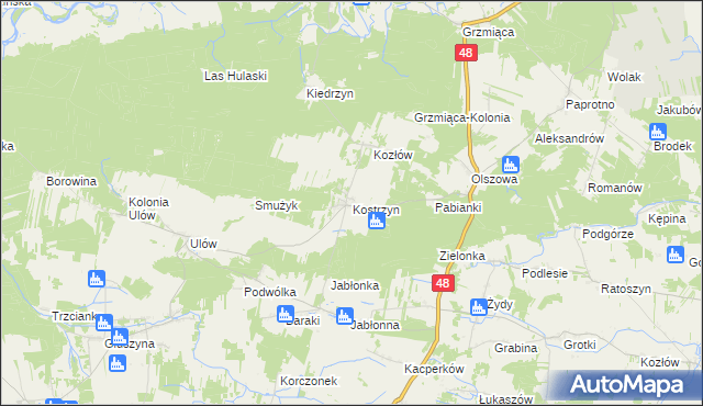 mapa Kostrzyn gmina Wyśmierzyce, Kostrzyn gmina Wyśmierzyce na mapie Targeo