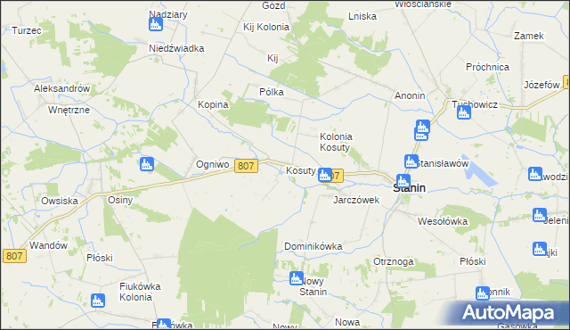 mapa Kosuty gmina Stanin, Kosuty gmina Stanin na mapie Targeo