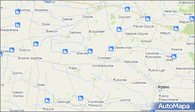 mapa Koszajec gmina Rybno, Koszajec gmina Rybno na mapie Targeo
