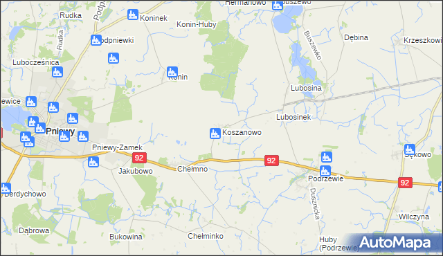 mapa Koszanowo gmina Pniewy, Koszanowo gmina Pniewy na mapie Targeo